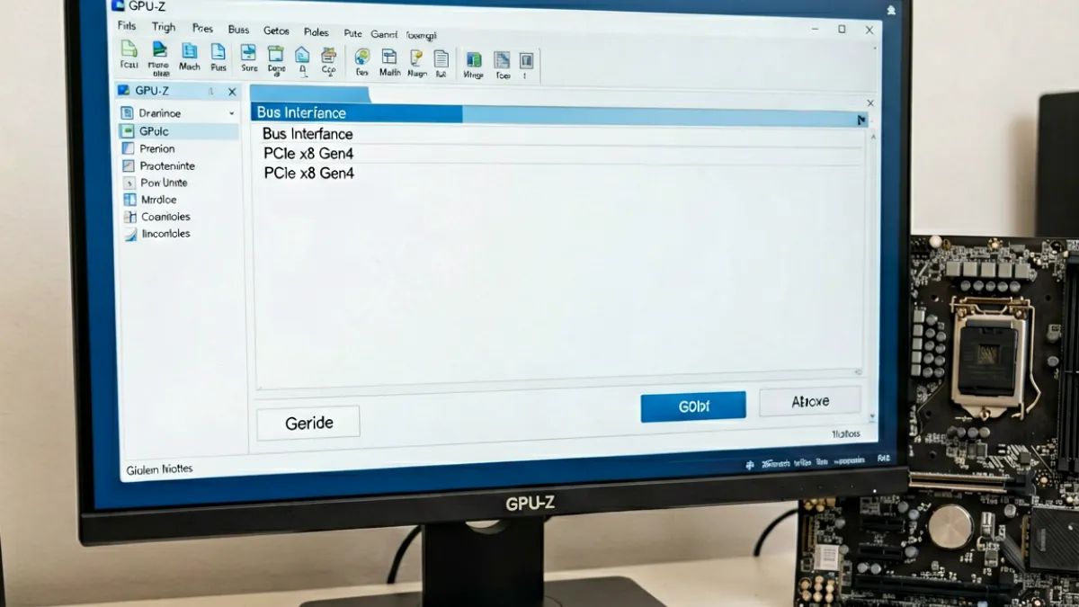 GPU-Z软件界面特写，Bus Interface栏显示PCIe 8X插槽实际协商速率为x8 Gen4，旁边摆着对应主板