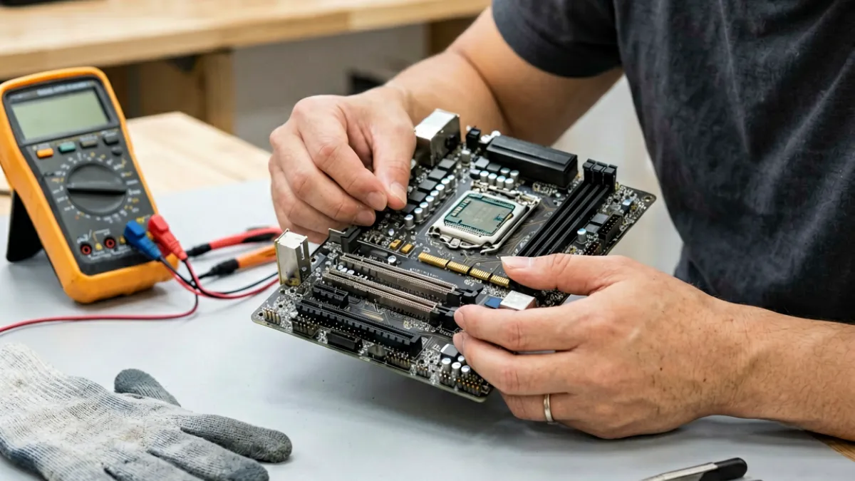 编辑人员手持主板，近距离检查PCIe 8X插槽金手指区域的磨损情况，桌上放有万用表和测试夹具