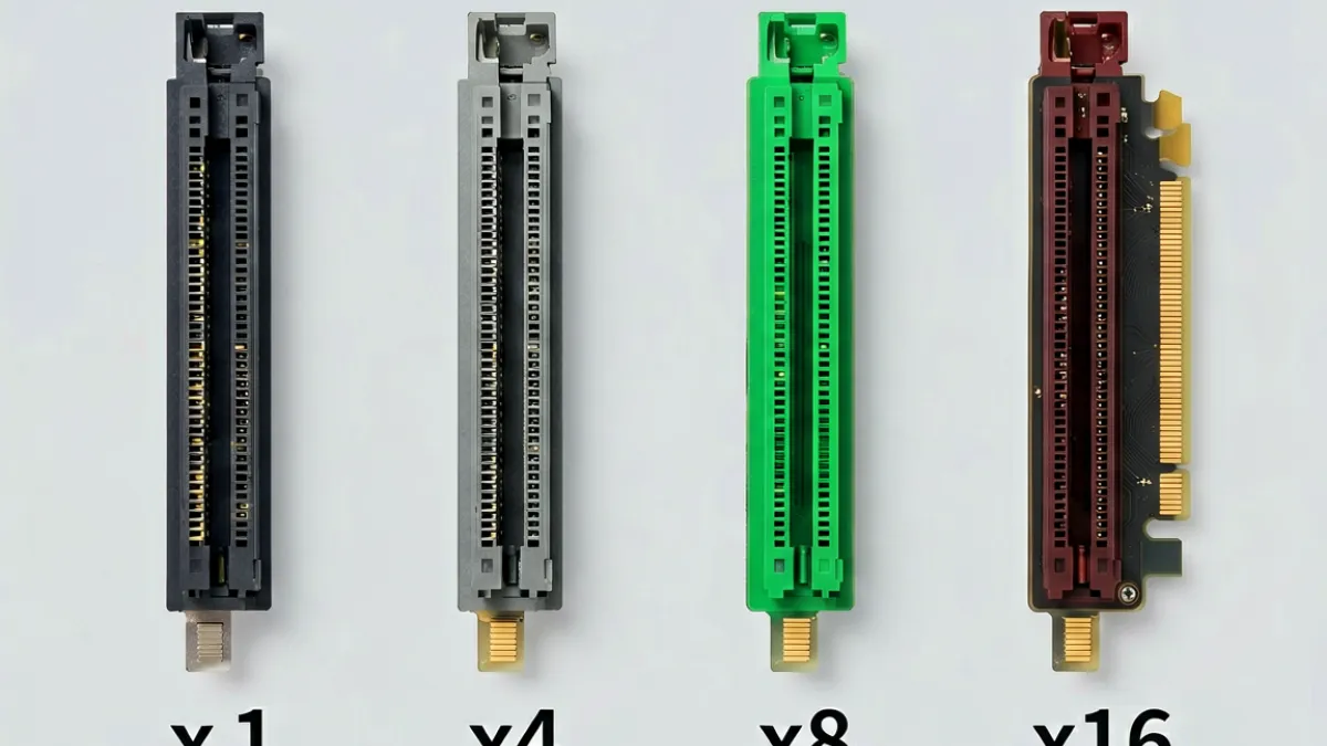 PCIe插槽示意图，用不同颜色标注了x1、x4、x8和x16插槽的金手指数量差异，帮助初学者区分物理规格