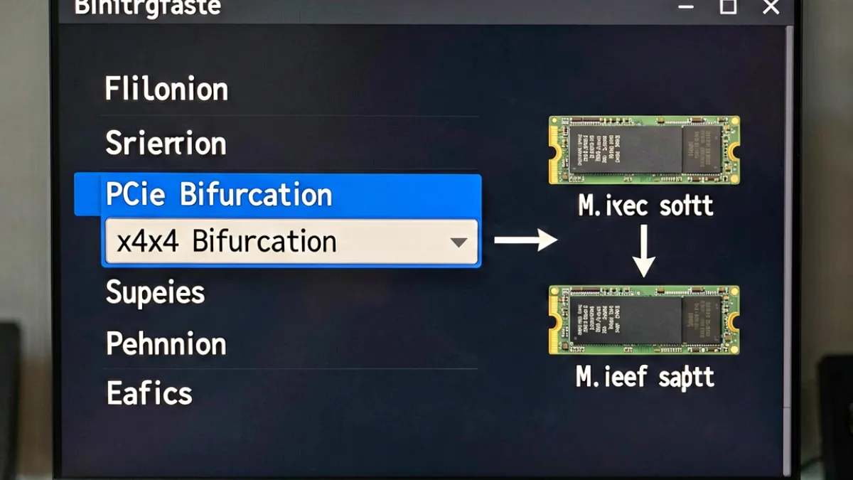主板BIOS中PCIe Bifurcation设置界面，展示将8X插槽拆分为两个x4通道的配置选项